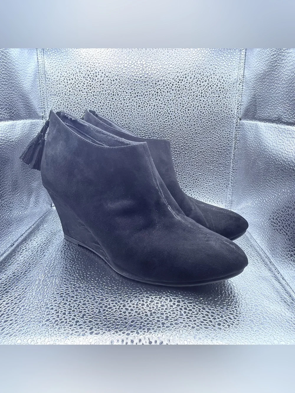 CL by Laundry Black Suede Wedge Ankle Booties with Tassel Zip